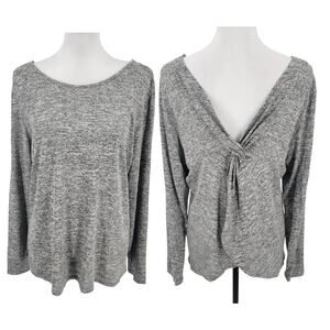 Kim & Cami Top Womens Large Heathered Long Sleeve V Back Knot Back Gray Black